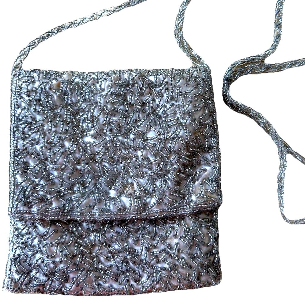 VTG Silver Beaded Tiny Purse Formal Bag Prom Dance Formal Wedding Guest 40s 50s